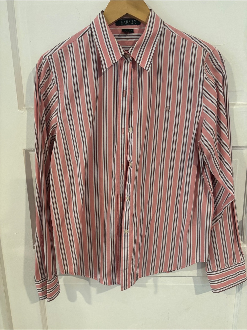 Lauren Ralph Lauren Pink, White & Navy Striped Dress Shirt 100% Cotton Size M